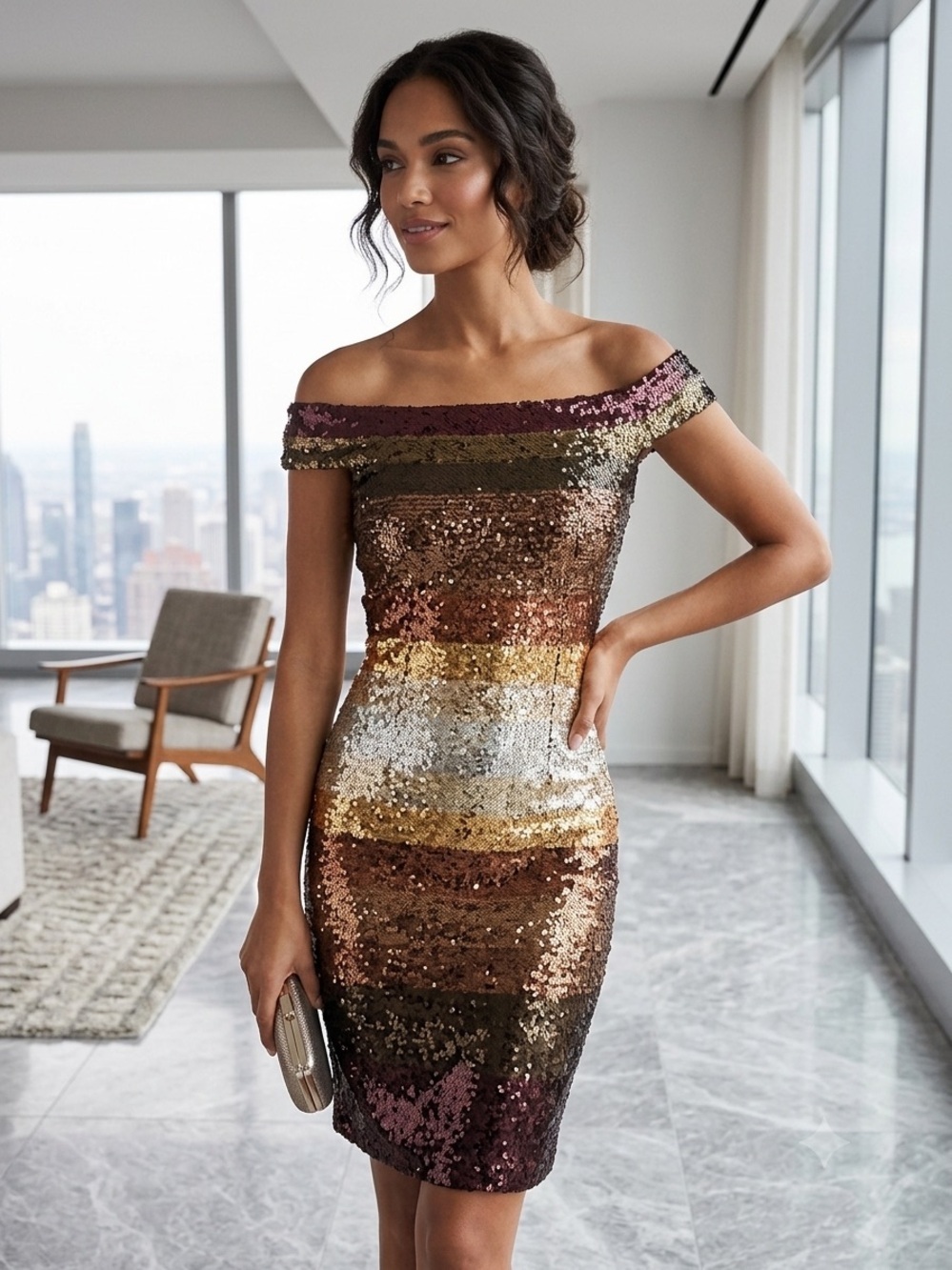 NWT Herve Leger Metallic Bronze Sequin Off-Shoulder Dress